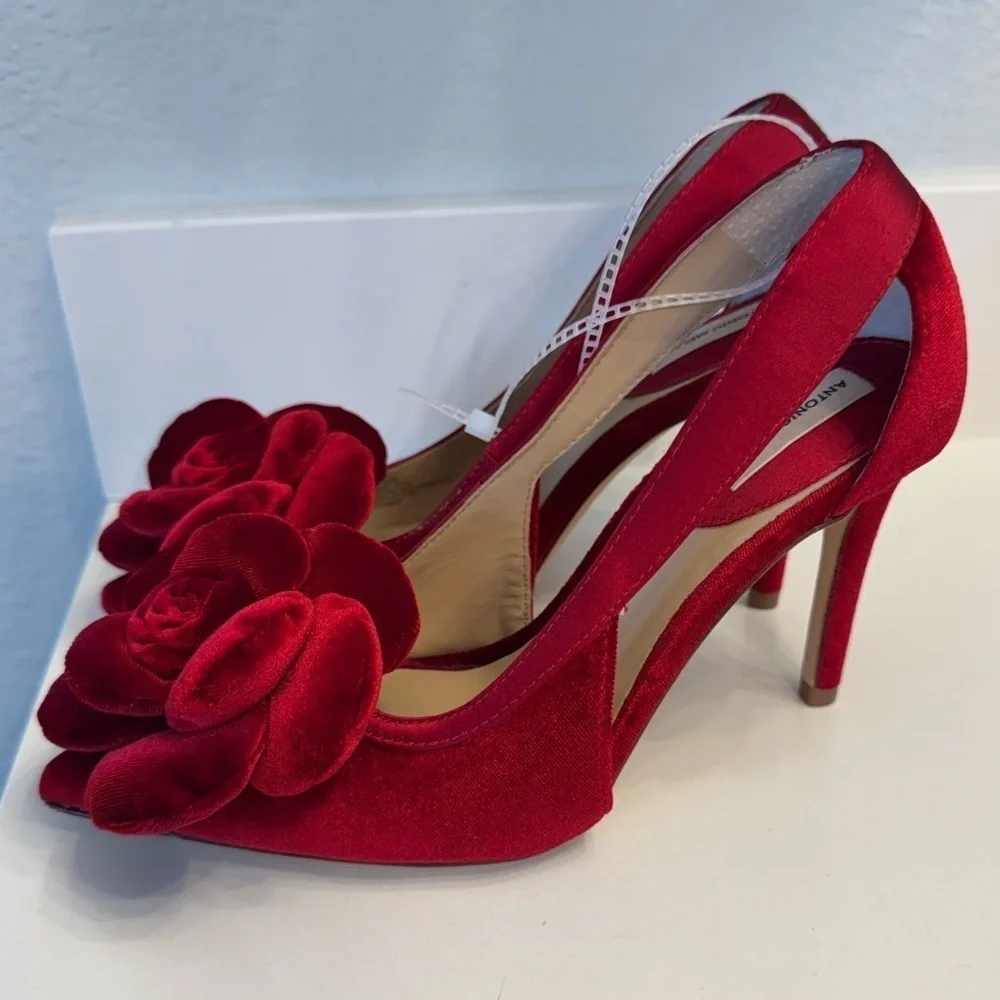 Ester Velvet Elegant Red Puff Rose Women's Heels by Antonio Melani- Size 5.5M